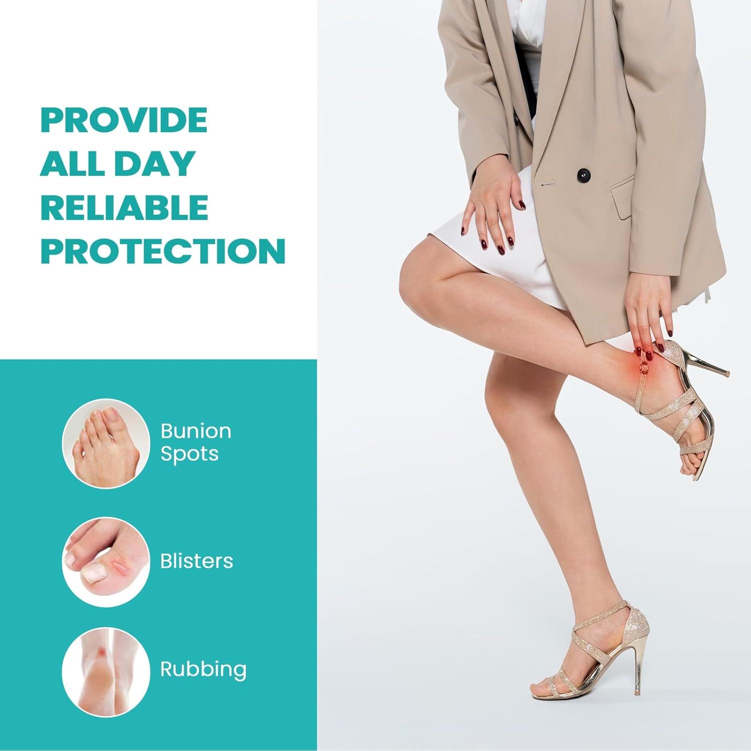 Gambe di una donna con tacchi alti. Illustrazioni di problemi ai piedi: alluce valgo, vesciche, sfregamento. Protezione affidabile.