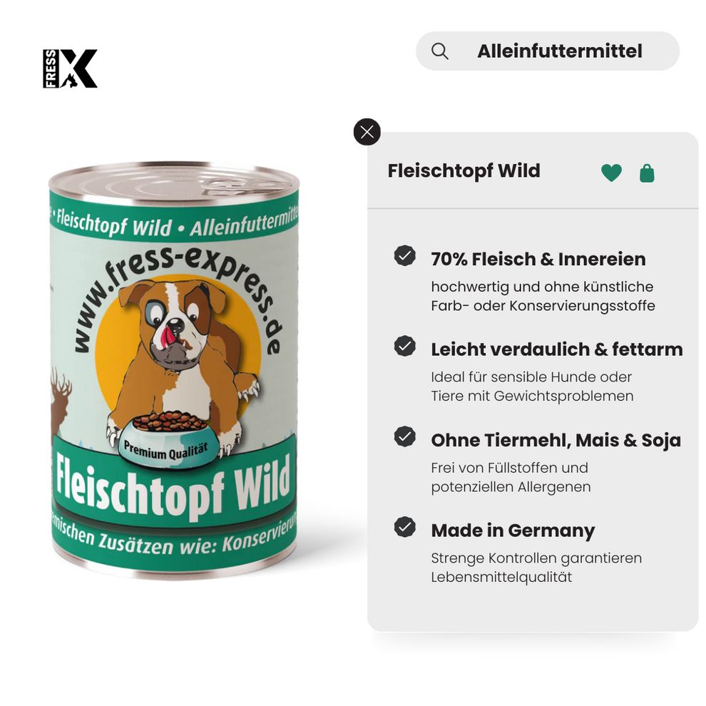 Lattina con etichetta. Testo: Fleischtopf Wild, alimento completo. Immagine di un cane. Testo sulla lattina e in un riquadro informativo.