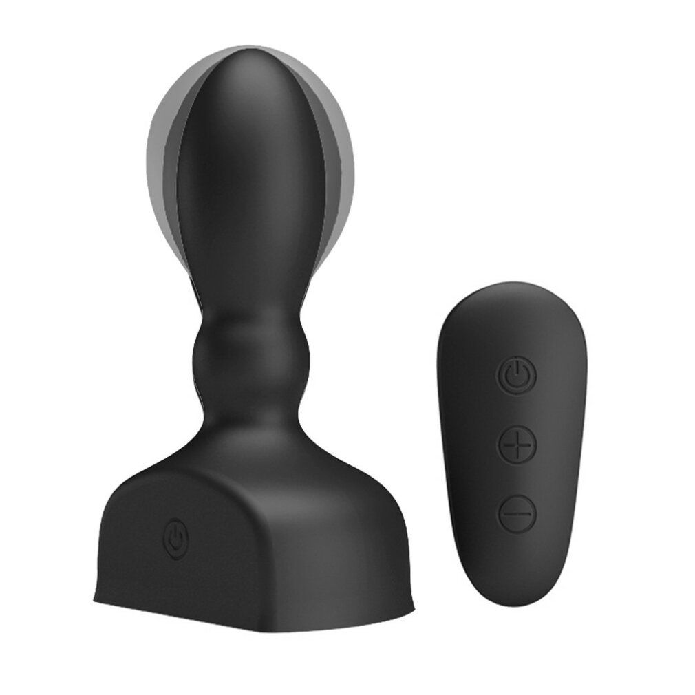 Butt plug gonfiabile nero con telecomando. Forma ovale, base ampia. Telecomando con tre pulsanti.