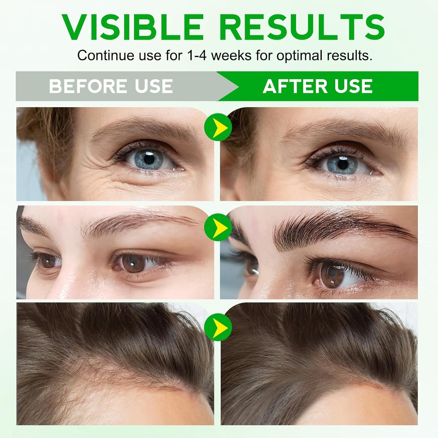 Immagini comparative: Prima/Dopo. Contorno occhi, capelli. Scritta: Moringa Oil. Risultati visibili dopo 1-4 settimane.