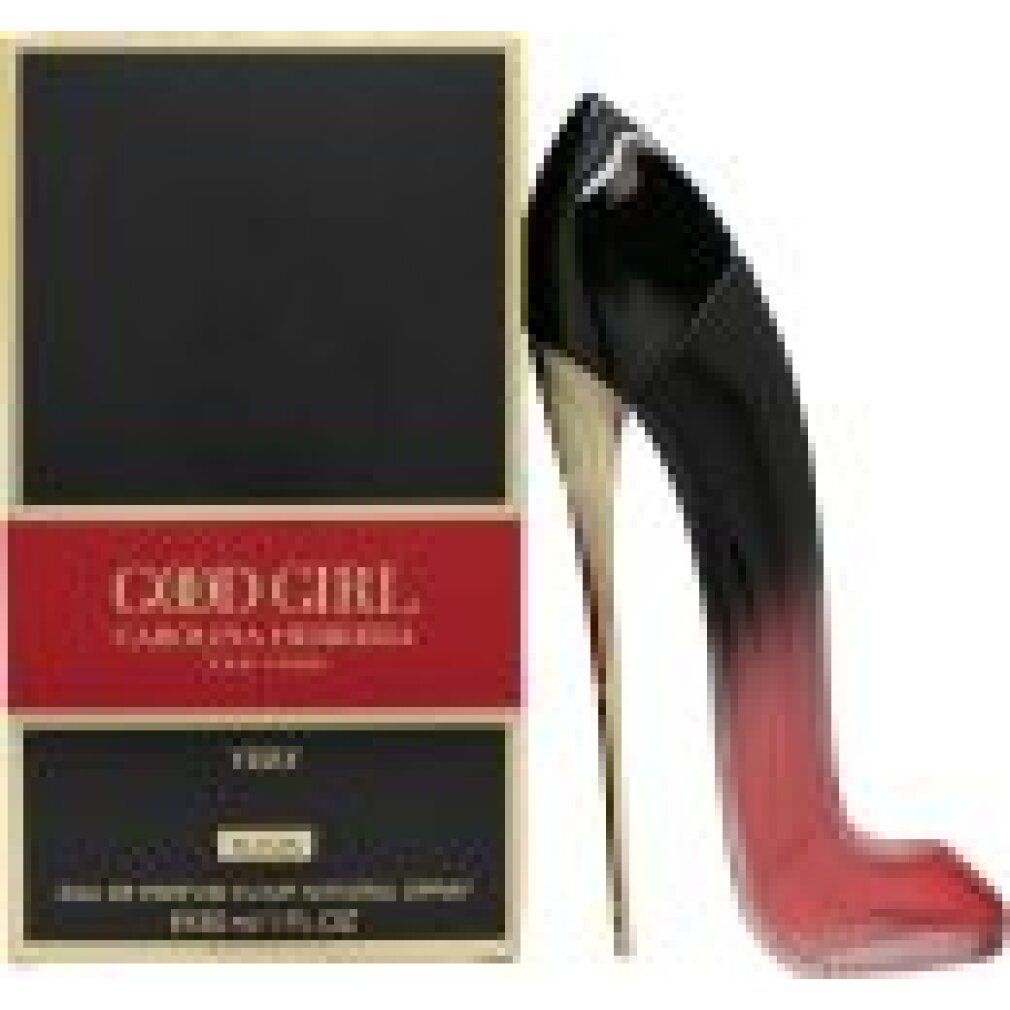 Flacone a forma di scarpa e confezione. Flacone nero-rosso, tacco dorato. Confezione nera con fascia rossa e testo.