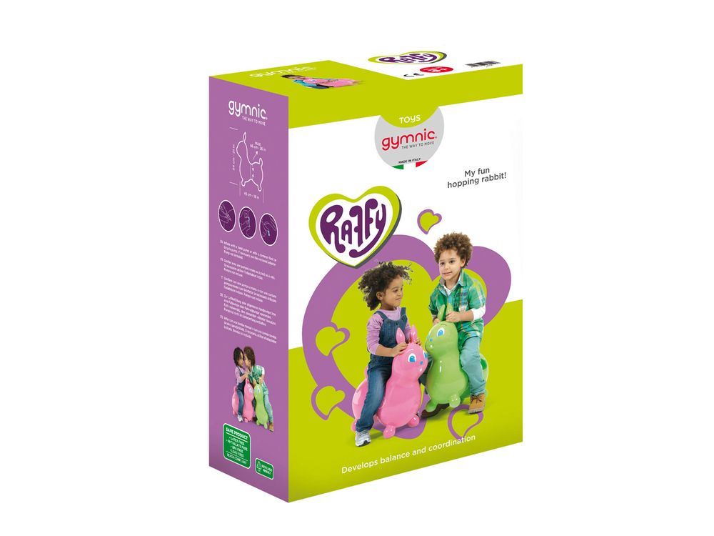 Confezione di Gymnic "RAFFY" coniglio saltellante. Mostra bambini che saltano. Logo e nome del prodotto visibili.
