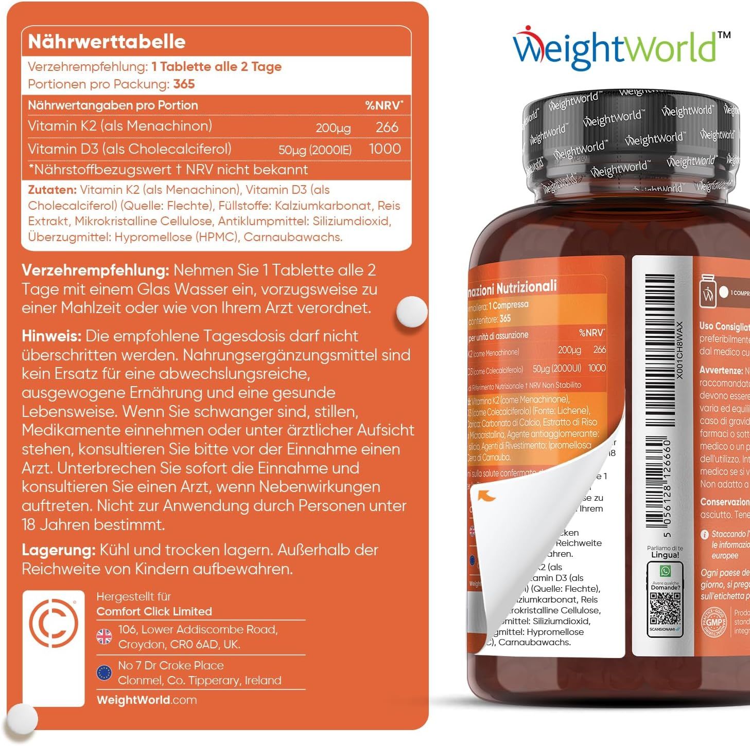 Retro del flacone WeightWorld Vitamina D3 + K2. Informazioni nutrizionali e istruzioni per l'uso.