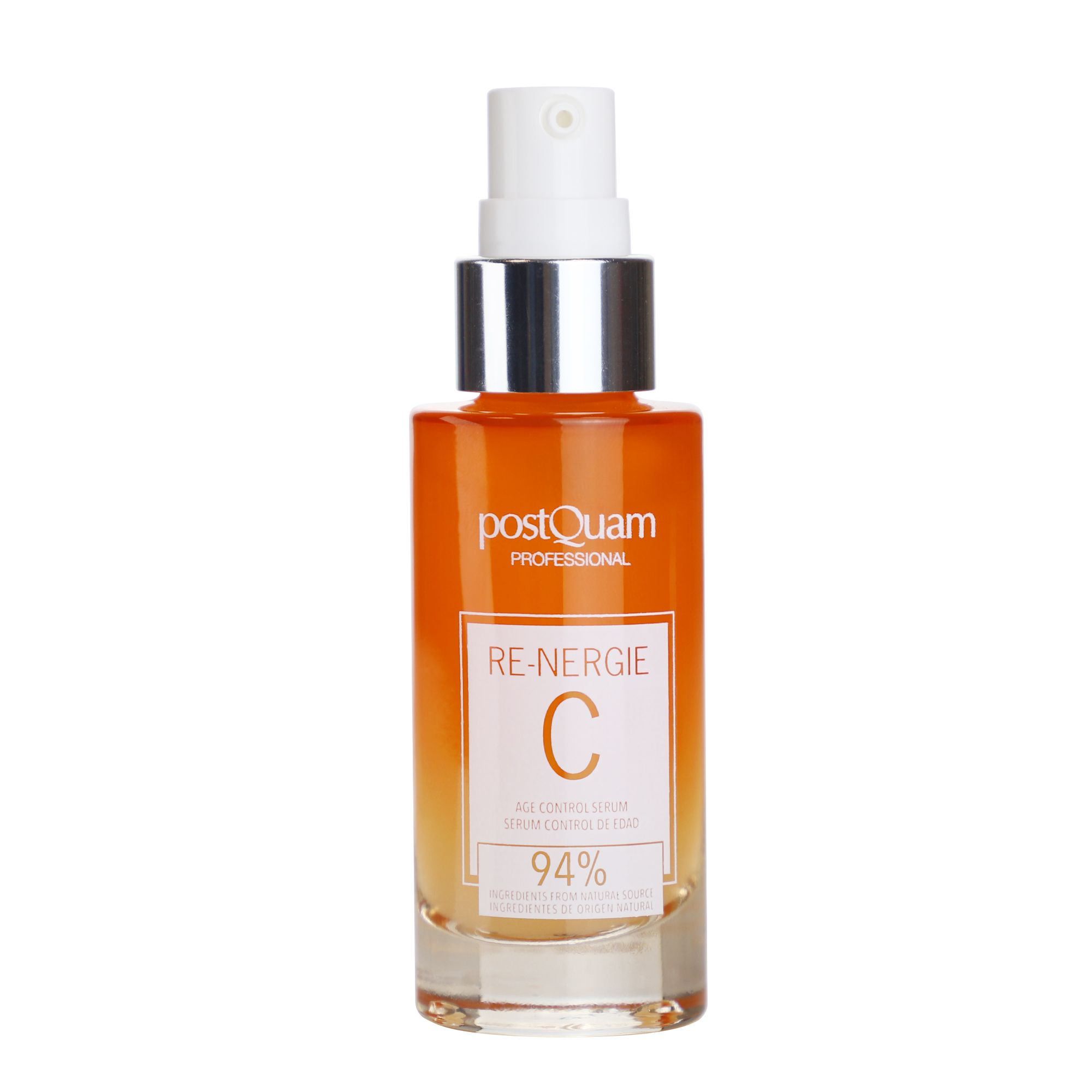 Flacone di siero. Flacone arancione con vaporizzatore. Scritta: Re-Nergie C, 94%.