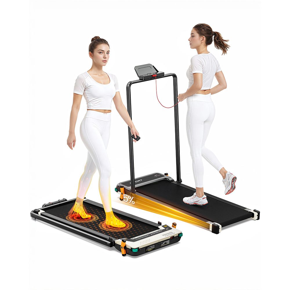 Due persone si allenano su tapis roulant. Uno ha una funzione massaggio. L'altro ha un display e una barra di supporto.