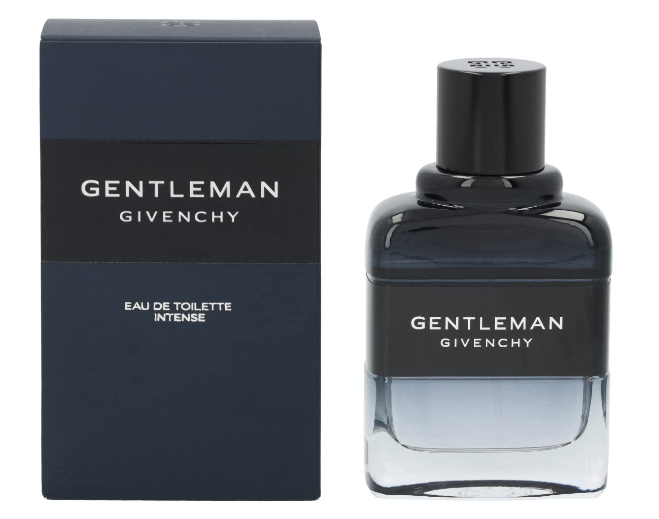 Flacone e scatola blu scuro. Flacone con tappo nero, scritta "GENTLEMAN GIVENCHY". Scatola con lo stesso testo.