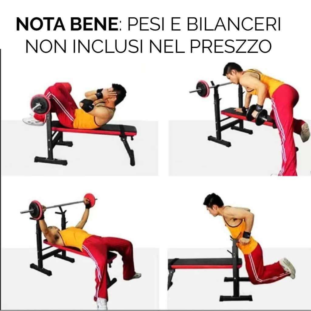 Panca fitness con uomo che si allena. Vari esercizi con manubri. Nota: pesi non inclusi.