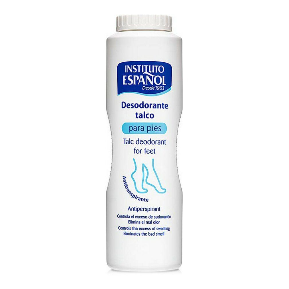 Flacone bianco con etichetta blu. Scritta: Instituto Español, Desodorante talco para pies, Talc deodorant for feet. Illustrazione piedi.