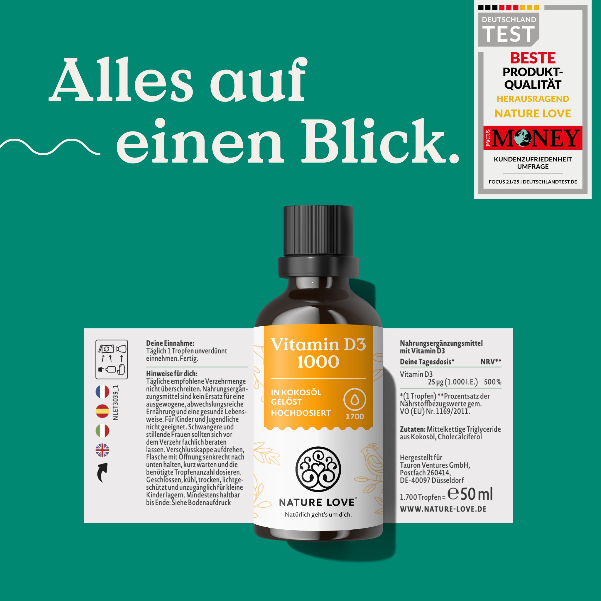 Flacone NATURE LOVE® Vitamina D3 1000 UI con etichetta e sigillo.