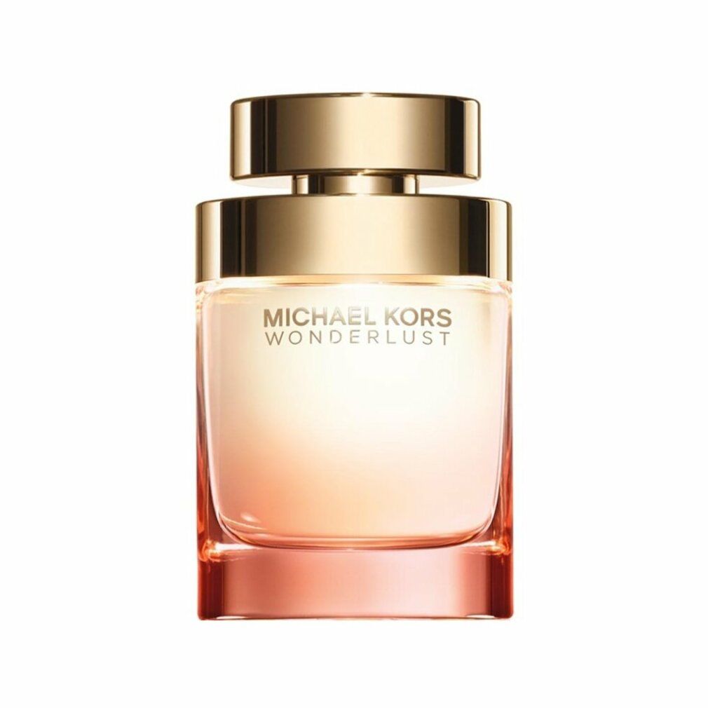 Flacone Michael Kors Wonderlust Edp Spray. Tappo dorato, vetro rosa. Marchio e nome del prodotto visibili sul flacone.