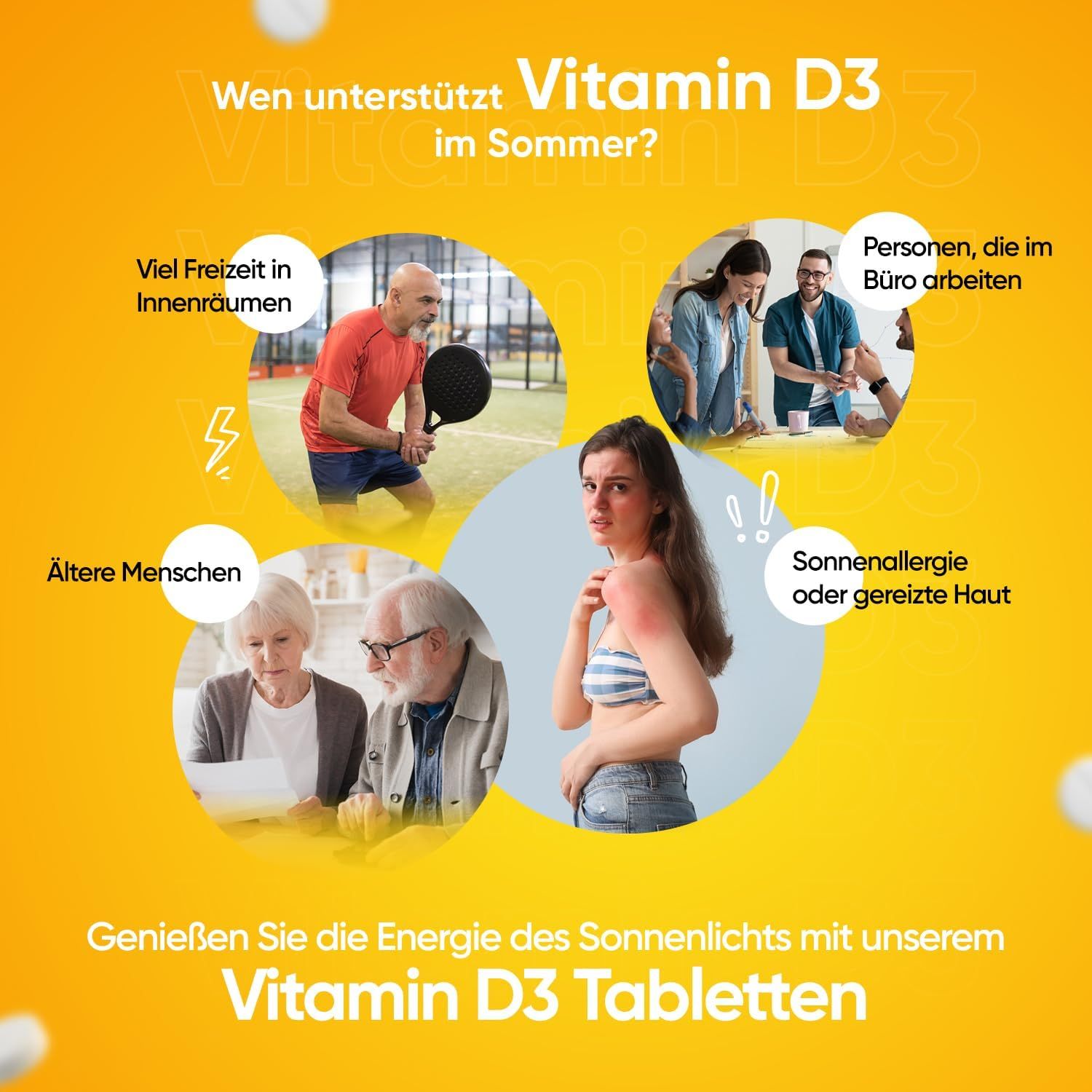 Grafica con persone. Testo: Chi supporta la vitamina D3 in estate? Anziani, impiegati.