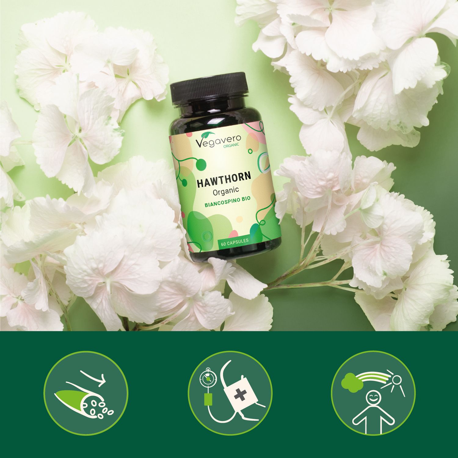 Flacone HAWTORN Organic Biancospino BIO davanti a fiori bianchi. Tre icone: foglie, pronto soccorso, sole.