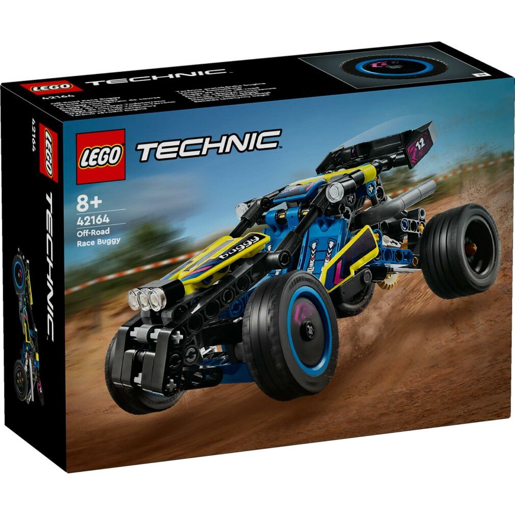 LEGO Technic buggy da corsa. Blu, giallo e nero. Età 8+. Scritte: LEGO Technic, 42164, Race Buggy.