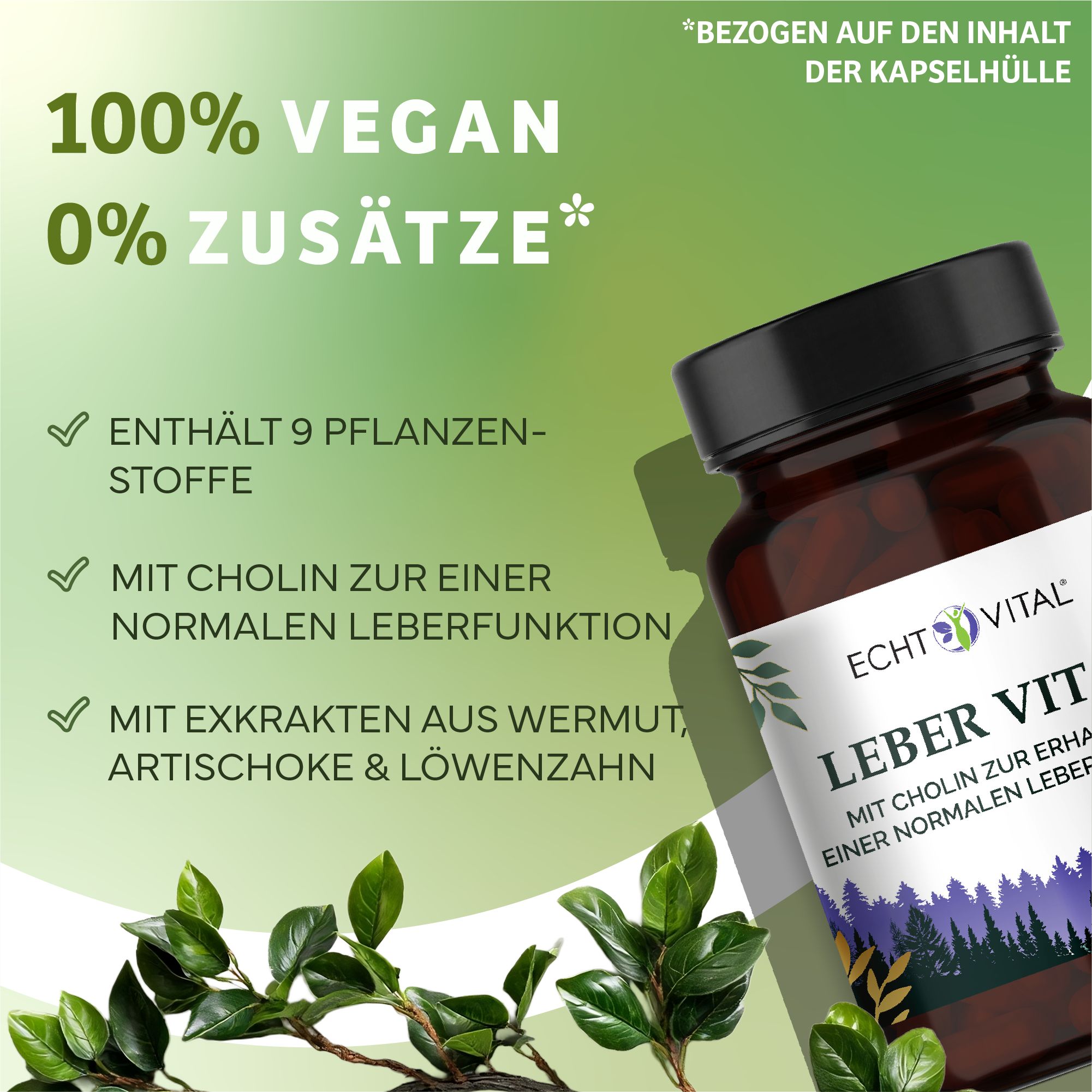 Contenitore marrone per capsule con tappo nero, etichetta "Leber Vital" e motivo forestale. 100% vegano, 0% additivi.