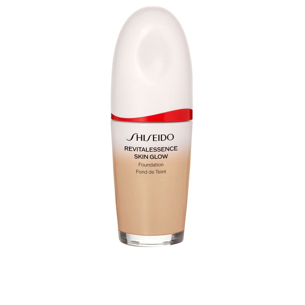 Flacone cosmetico bianco e rosso, sfumatura di colore. Scritta: Shiseido Revitalessence Skin Glow Foundation.