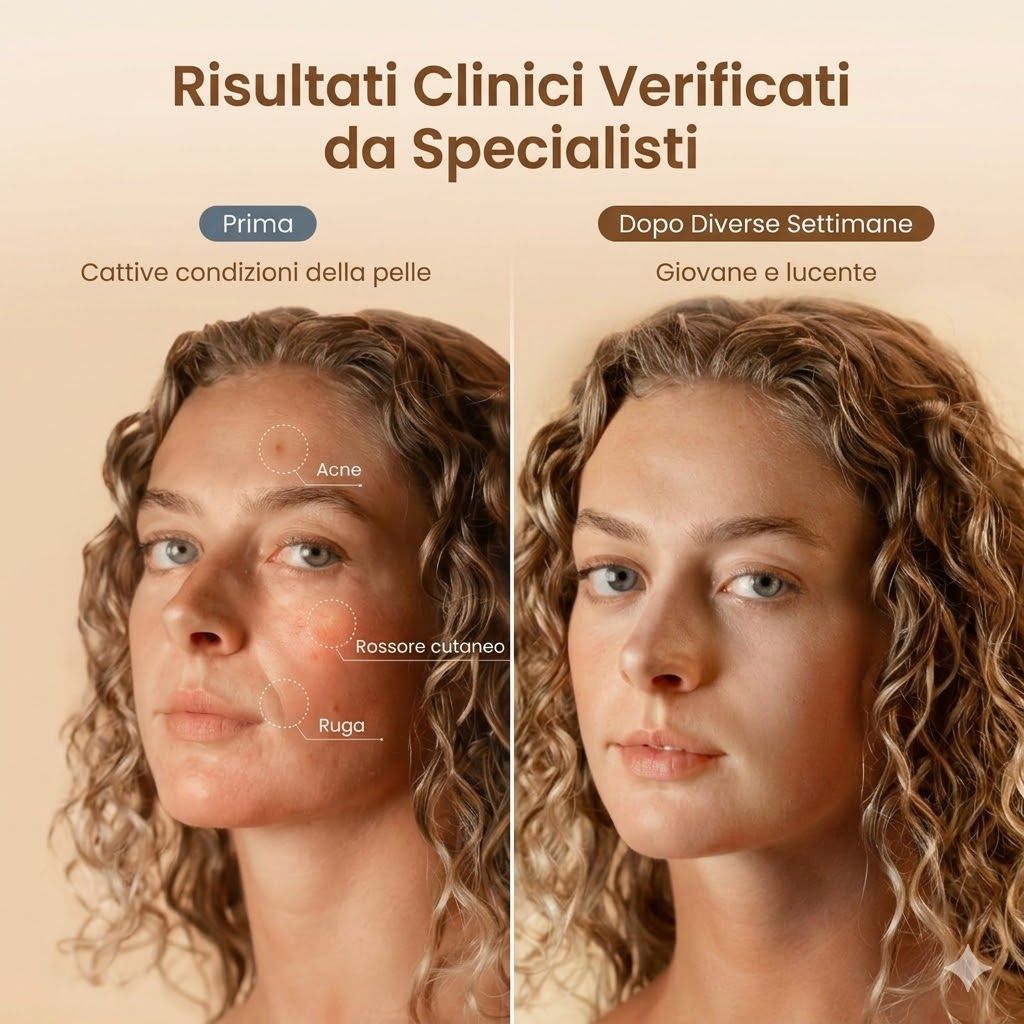 Confronto prima-dopo. Viso con imperfezioni e rossori. Dopo diverse settimane: pelle liscia.