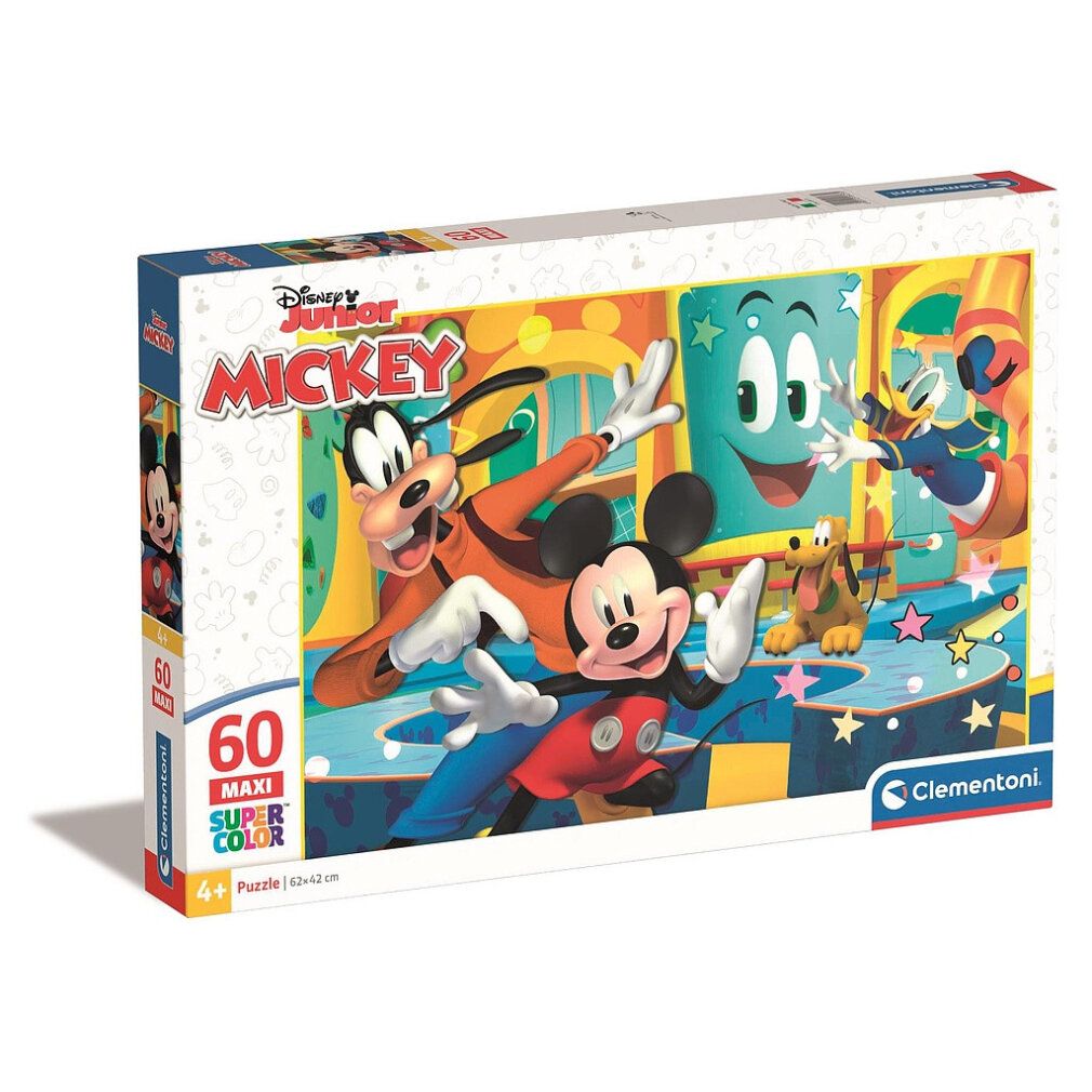 Scatola puzzle con motivo Mickey Mouse. 60 pezzi, formato maxi. Marchio Clementoni. Stampa: Disney Junior Mickey.