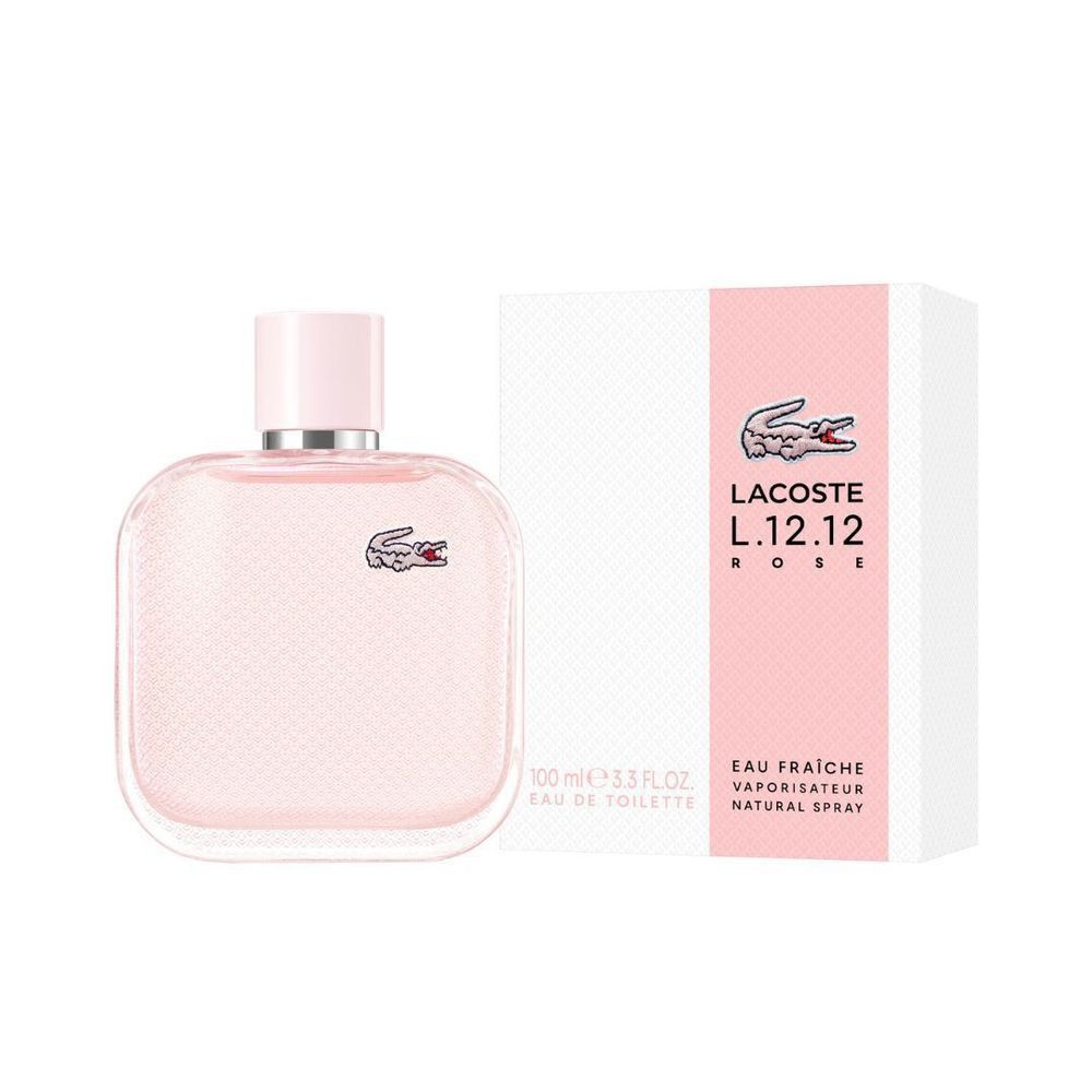 Flacone rosa con confezione bianca. Logo e scritta su flacone e confezione. Eau de toilette.