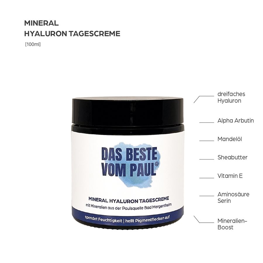Barattolo nero. Scritta: DAS BESTE VOM PAUL. Crema giorno minerale all'acido ialuronico. Ingredienti: Ialuron, olio di mandorle, burro di karité.