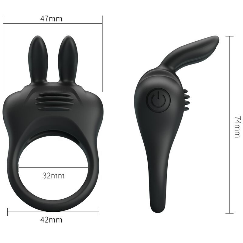 Anello fallico nero con orecchie da coniglio. Dimensioni: 47x32x42mm. Vibratore: 74mm di altezza.