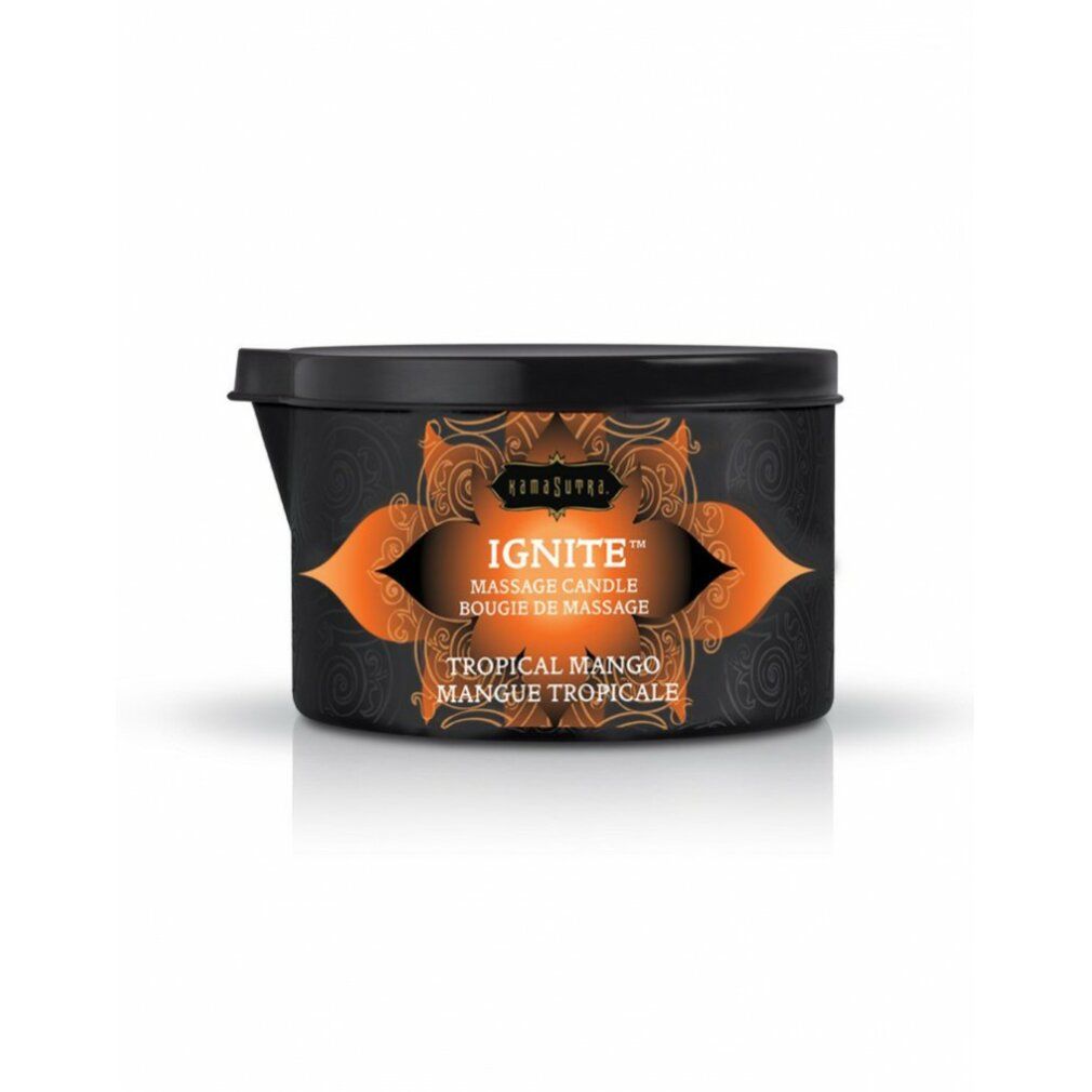 Candela da massaggio. Contenitore nero con etichetta arancione. Scritta: Ignite Tropical Mango.