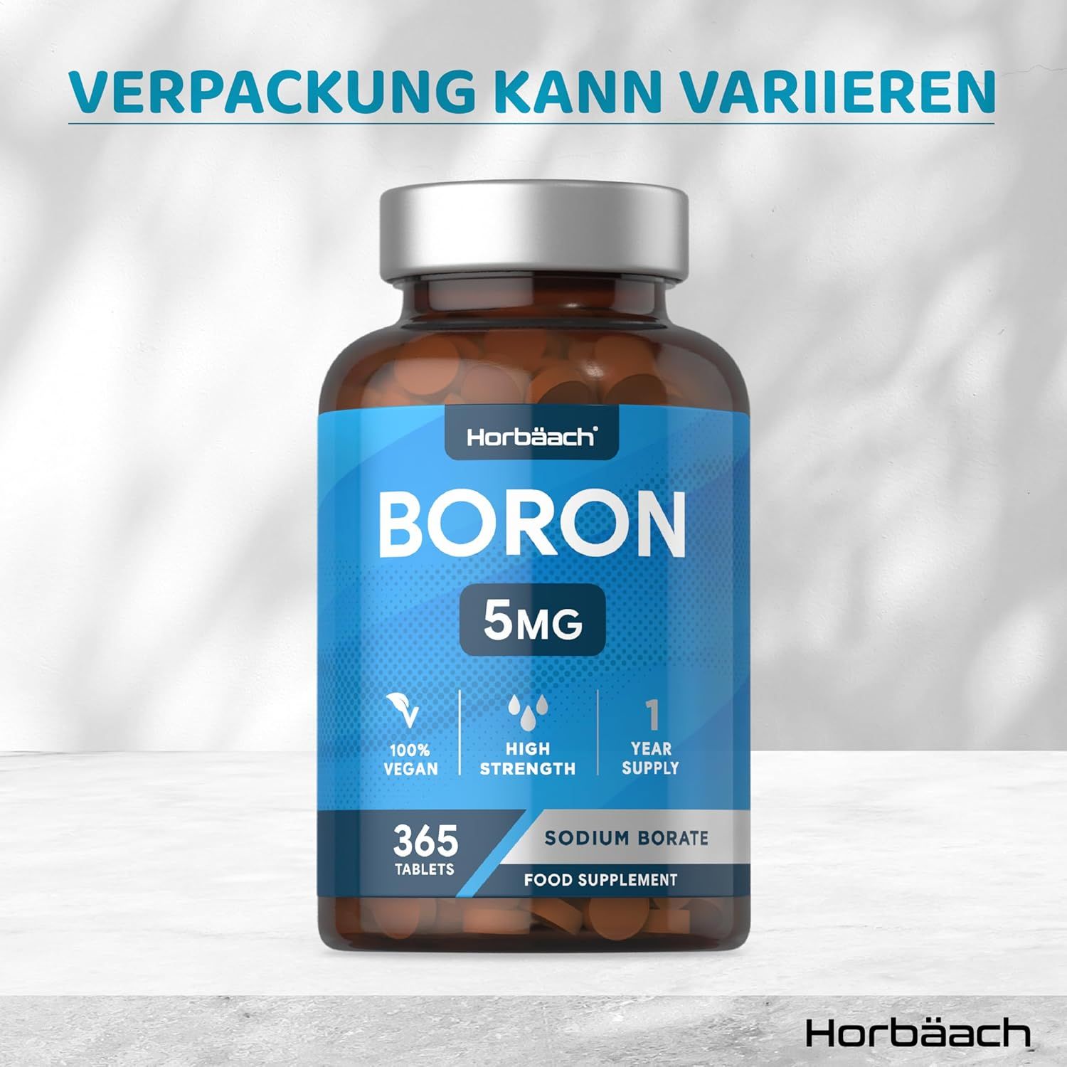 Flacone marrone con etichetta blu. BORON 5MG, 365 compresse, borato di sodio. Sigillo vegano. Logo Horbaach.