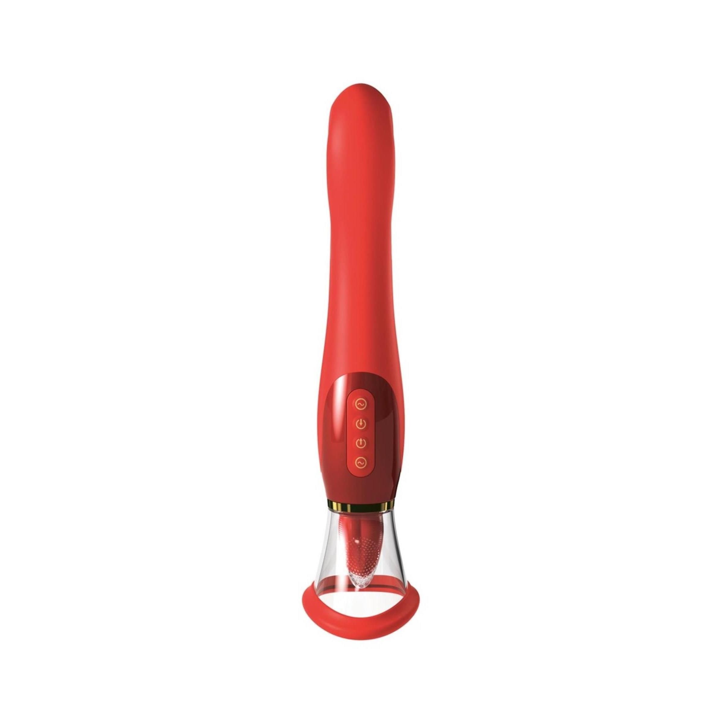 Vibratore rosso con attacco trasparente e tre pulsanti di controllo.