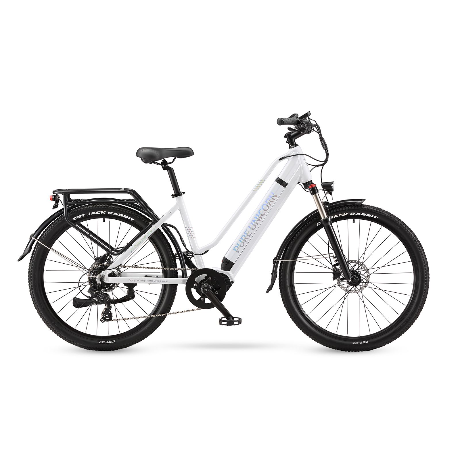 E-bike bianca con pneumatici neri. Scritta: PURE UNICORN. Portapacchi posteriore.