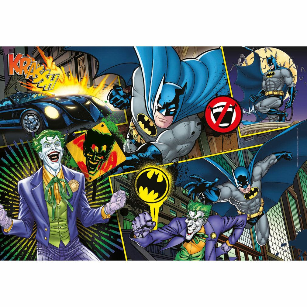 Puzzle con Batman e Joker. 104 pezzi. Marchio: Clementoni. Logo Batman e illustrazioni di Joker. Stile fumetto.