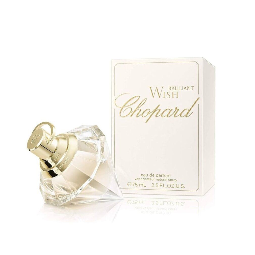Flacone di profumo e confezione. Sulla confezione è scritto "Brilliant Wish Chopard".