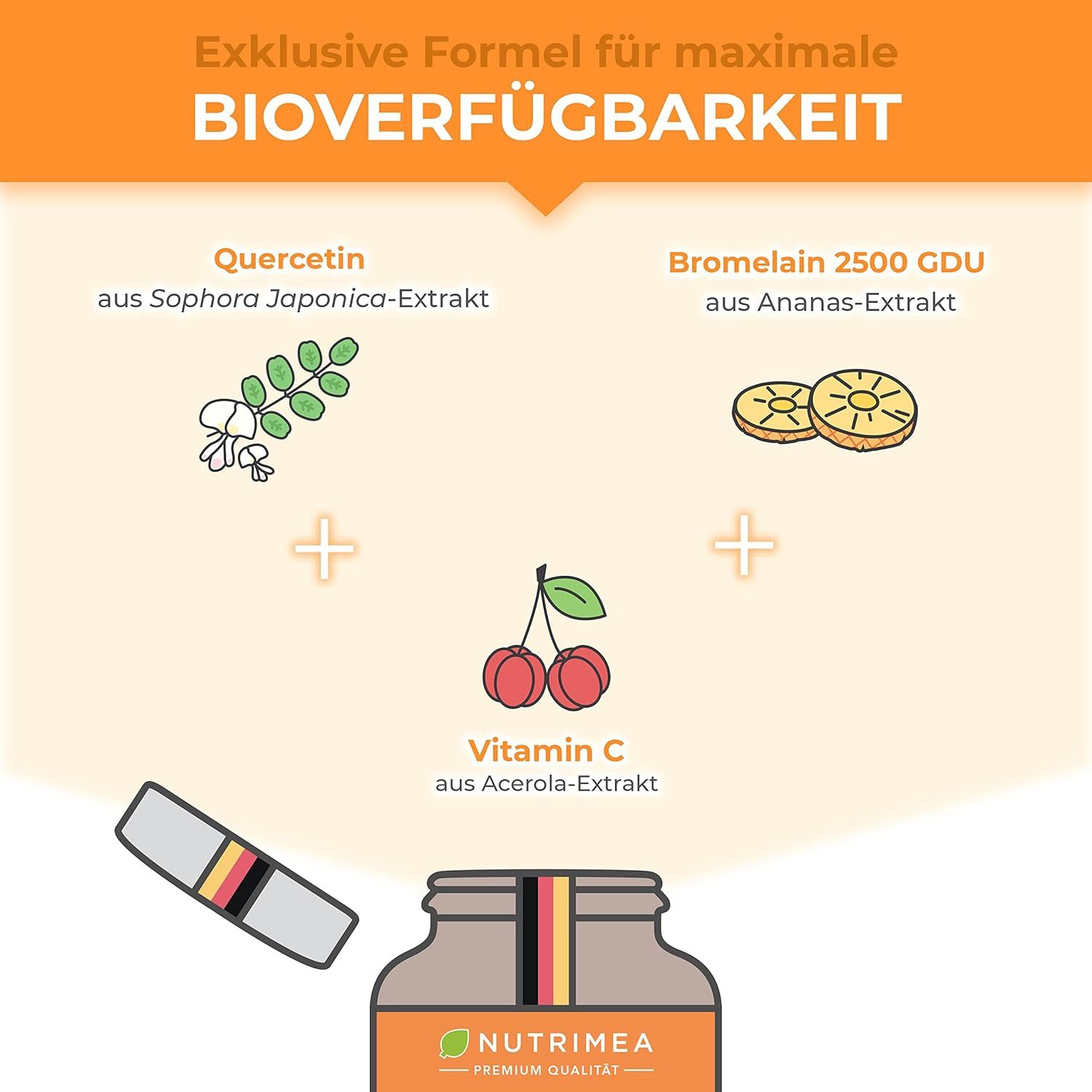 Infografica: Quercetina, bromelina e vitamina C. Quercetina da Sophora Japonica, bromelina da ananas, vitamina C da acerola.