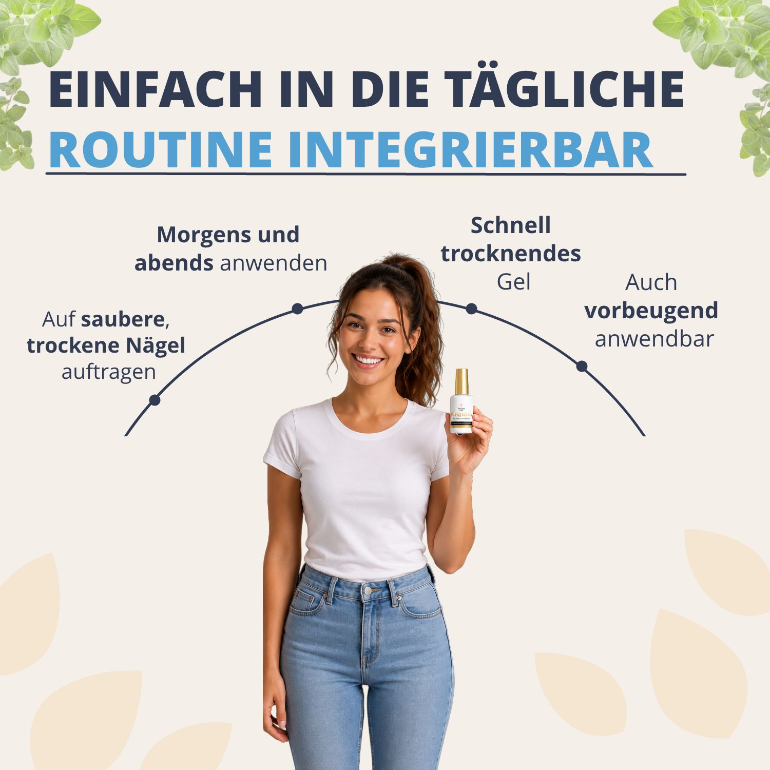 Una donna tiene il trattamento per unghie FunguLux, integrato nella routine quotidiana.