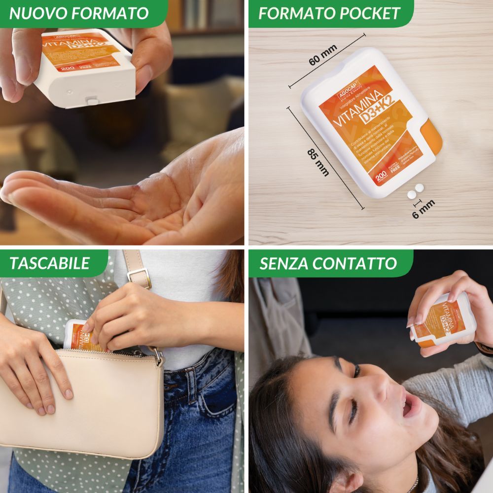 Diverse immagini mostrano la confezione 'Vitamina D3+K2'.