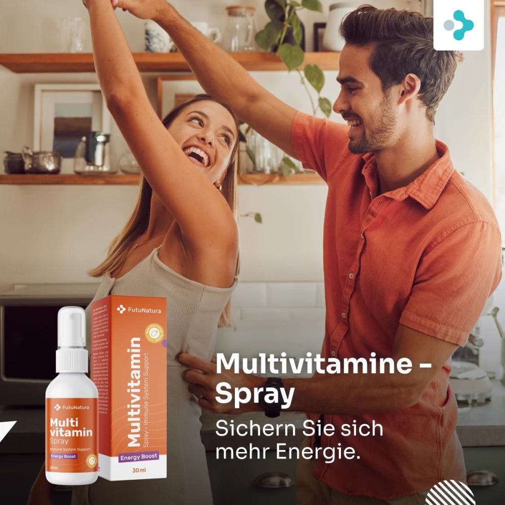 Coppia che balla, FutuNatura Multivitamin Spray e confezione sullo sfondo. Testo: Più energia.