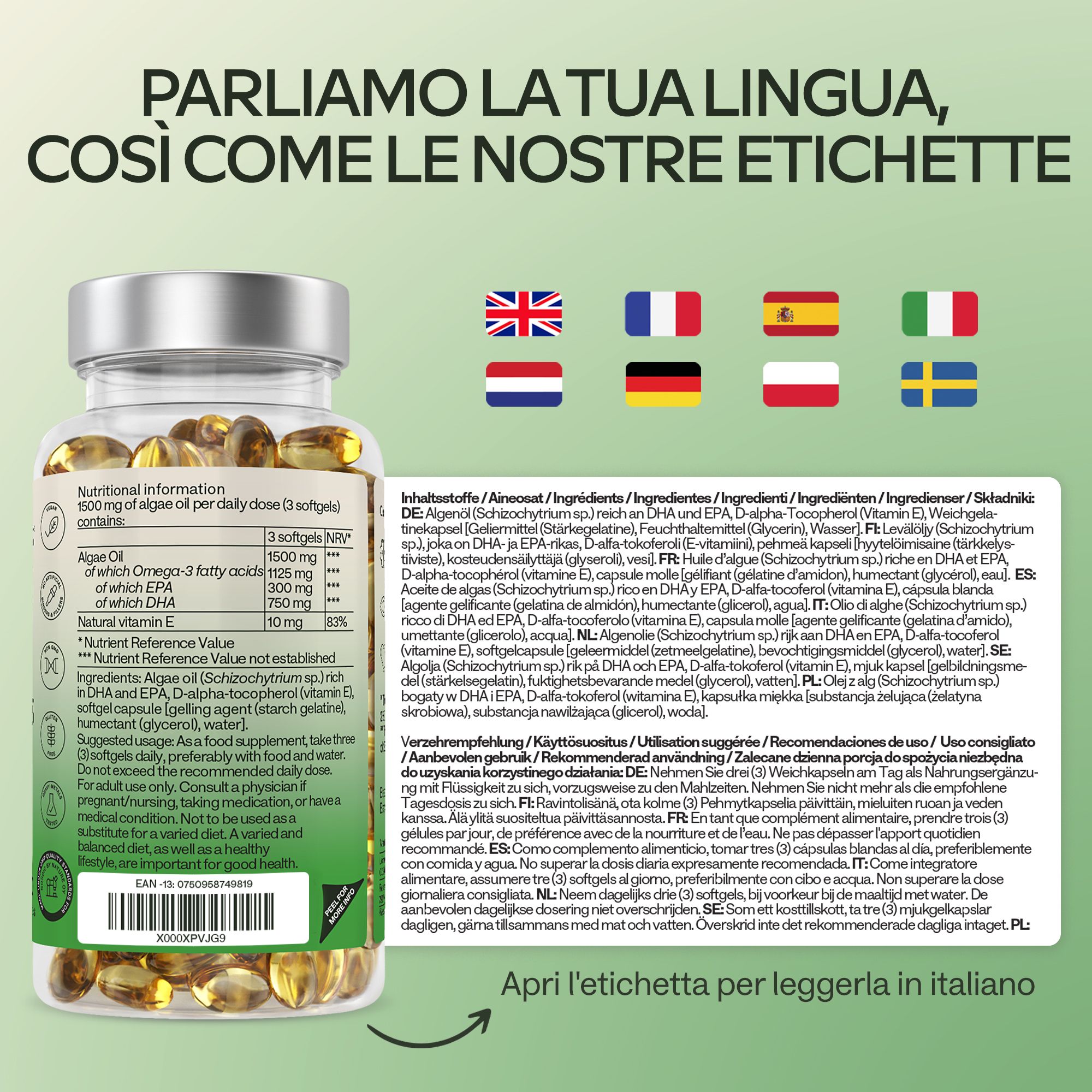 Flacone con capsule, testo: Parliamo la tua lingua. Etichette in diverse lingue: inglese, francese, ecc.