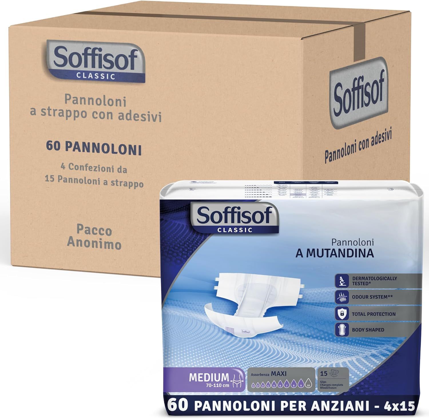 Pannoloni Soffisof Classic Maxi. Confezione da 60 pezzi e scatola. Scritto: Pannoloni a strappo con adesivi.