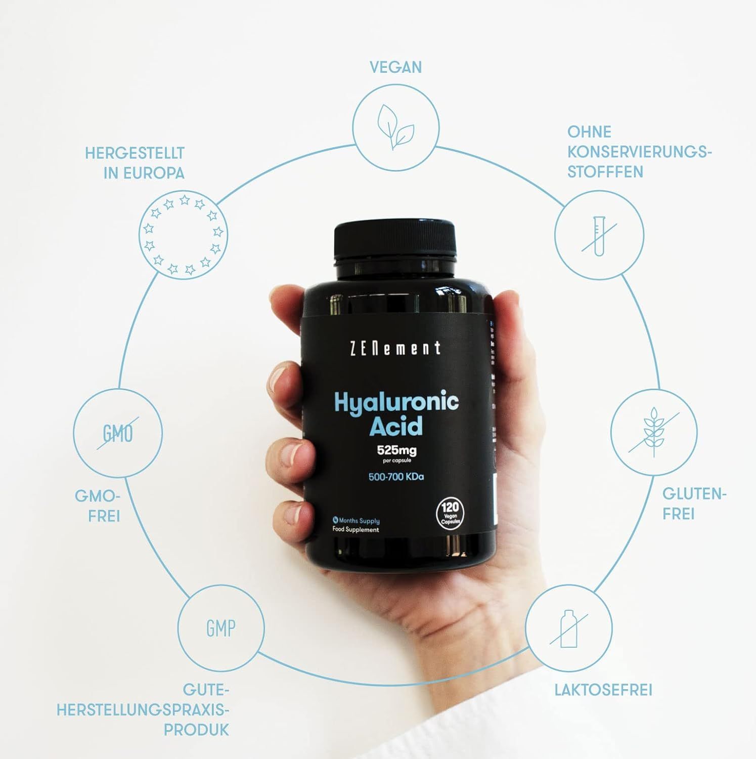 Flacone nero di capsule Zenement Hyaluron. Mano che tiene il flacone. Simboli circolari che indicano: Vegano, senza conservanti, senza glutine, senza lattosio, GMP, senza OGM, prodotto in Europa.