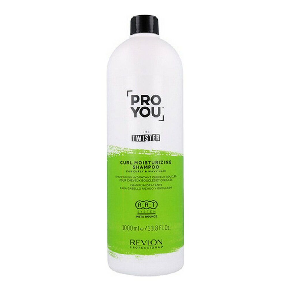 Grande flacone bianco con tappo nero. Scritta PRO YOU THE TWISTER. Etichetta verde e bianca con testo. Revlon Professional.