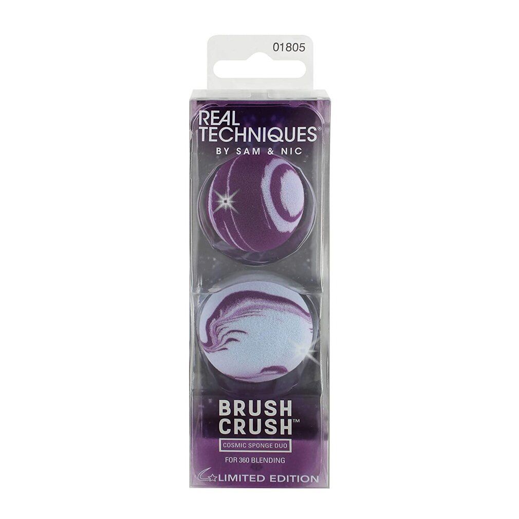 Duo di spugne cosmetiche in confezione. Spugne marmorizzate viola e bianche. Testo: Brush Crush, Cosmic Sponge Duo, Edizione limitata.