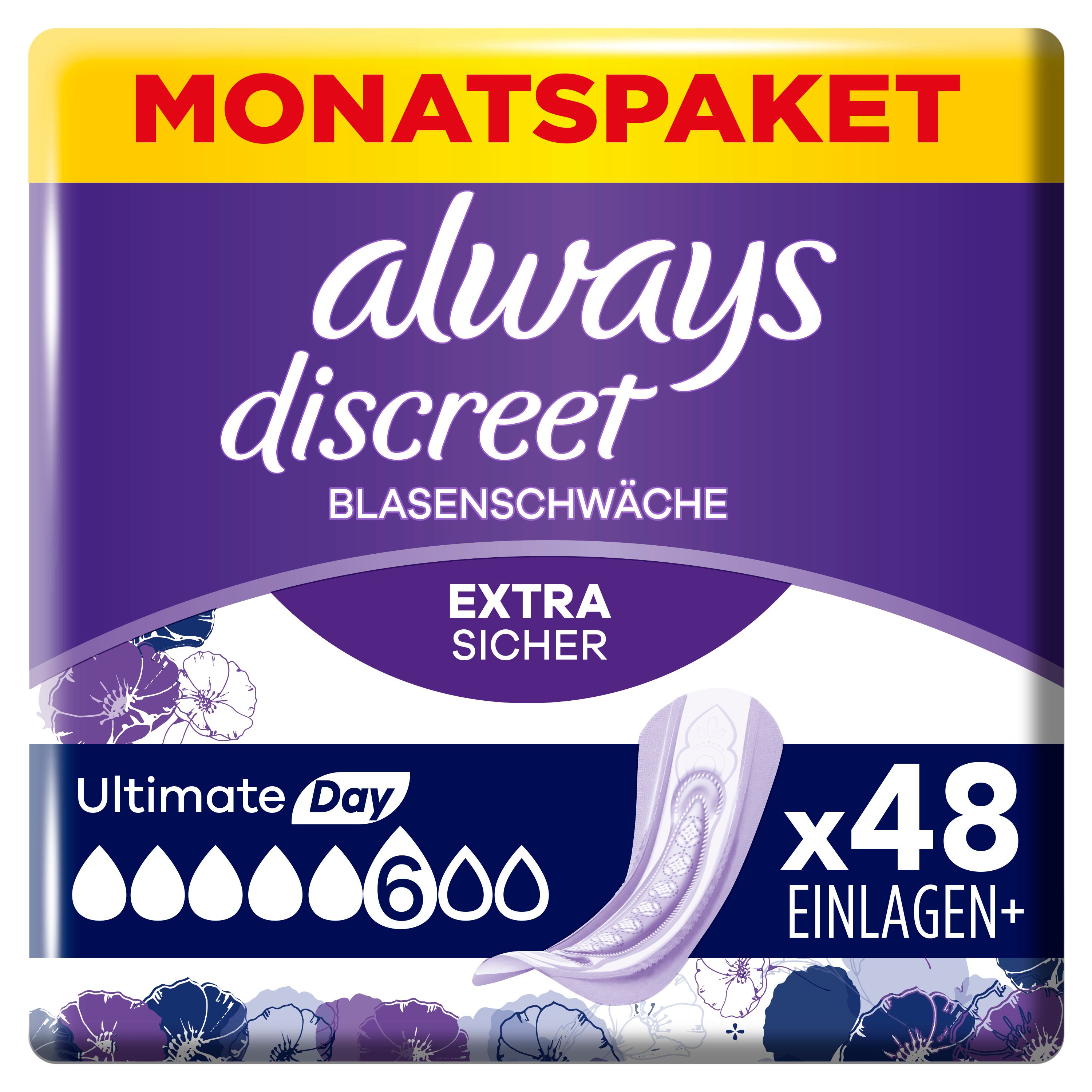 Always Discreet Ultimate Day assorbenti per incontinenza, 48 assorbenti (4 x 12 pezzi) per donna, co