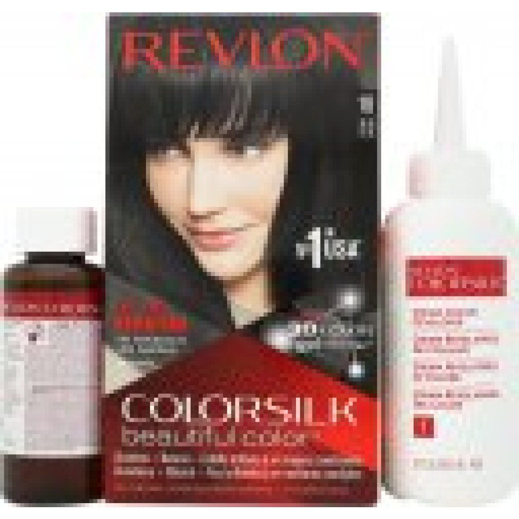 Confezione di tintura per capelli con due flaconi e una bottiglia. Contiene Colorsilk 10 Black. Testo: Senza ammoniaca.