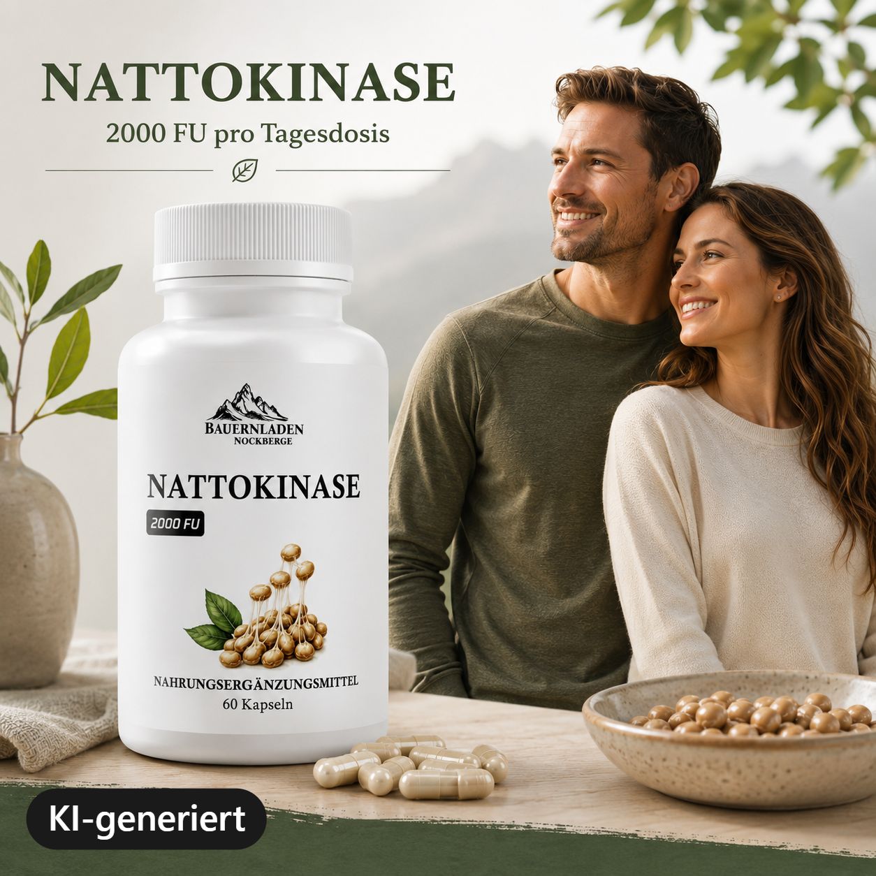 Flacone di capsule di Nattokinase davanti a una coppia che sorride guardando in lontananza.