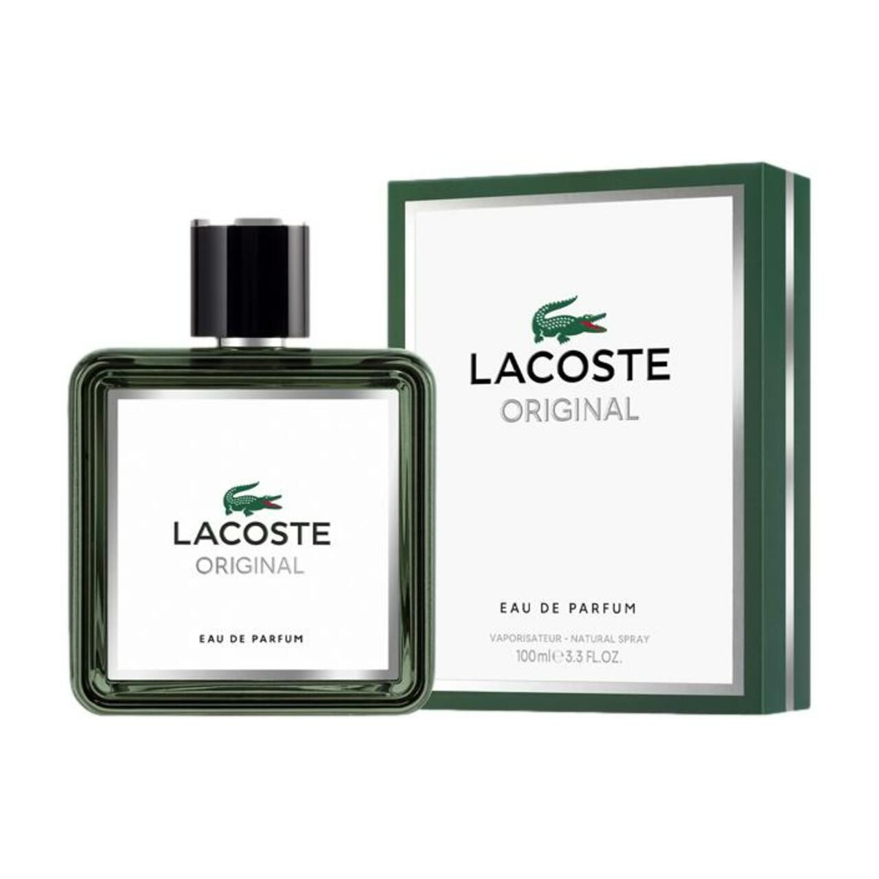 Flacone e confezione. Flacone quadrato con tappo nero. Etichetta bianca con logo e scritta 'LACOSTE ORIGINAL'.
