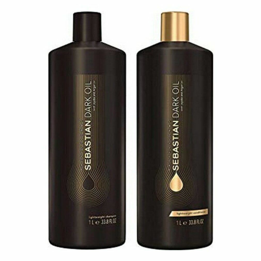 Due grandi flaconi neri. Scritta: Sebastian Dark Oil. Uno con tappo nero, uno con tappo dorato. 1L.