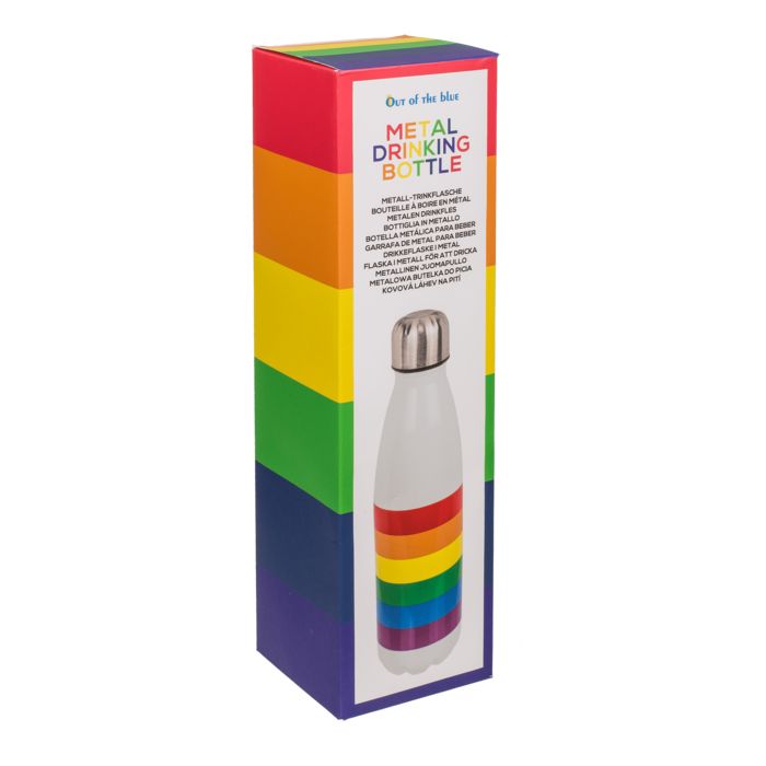 Borraccia in metallo nella confezione. Testo: METAL DRINKING BOTTLE. Strisce arcobaleno. Tappo argentato.