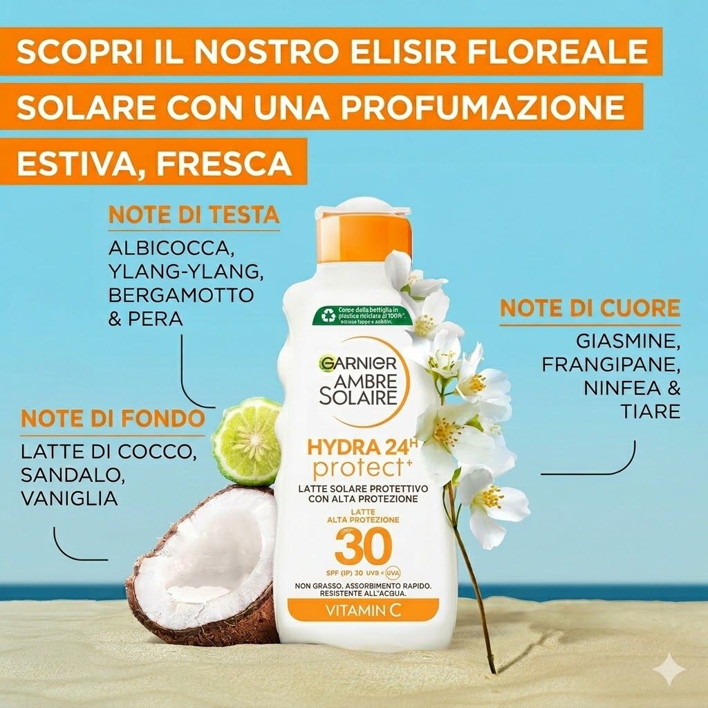 Flacone Garnier Ambre Solaire Hydra Protect+ LSF 30 con fiori e cocco. Testo: Protezione solare profumata. Note: cocco, legno di sandalo.