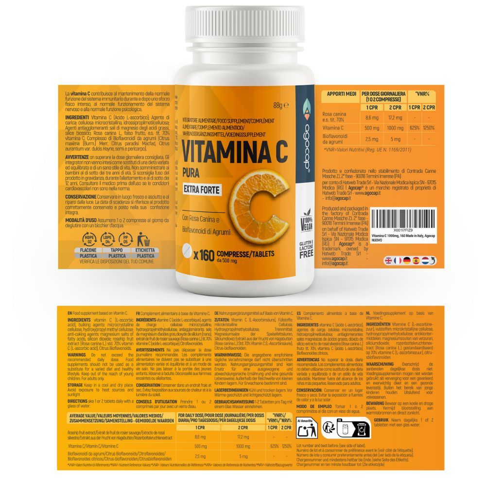 Flacone di vitamina C con etichetta. Testo: Vitamina C 1000 mg, Rosa Canina, Bioflavonoidi. Con informazioni.