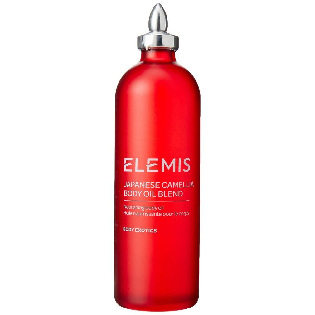 Flacone rosso con tappo argentato. Scritta: Elemis Japanese Camellia Body Oil Blend. Olio nutriente per il corpo.