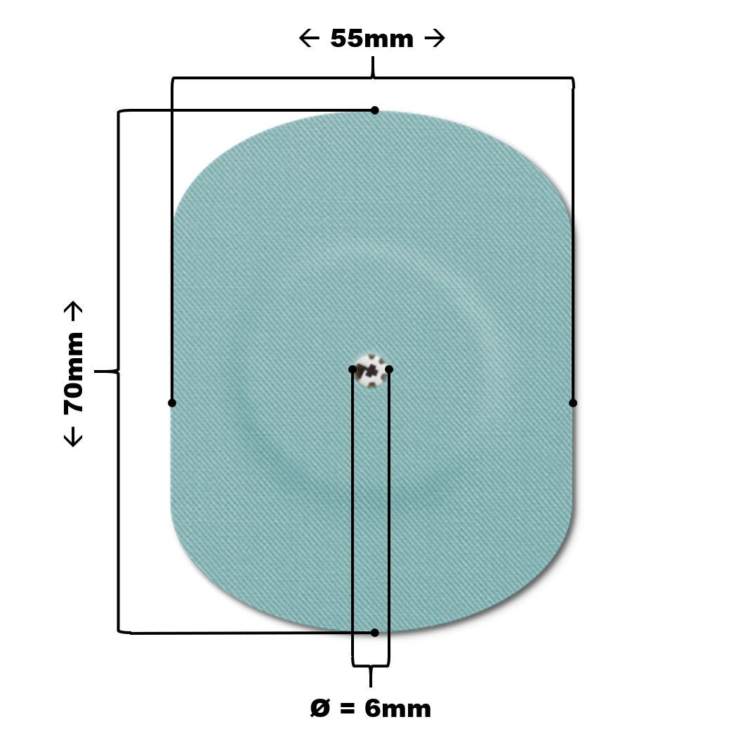 Cerotto azzurro chiaro con foro di ventilazione. Dimensioni: 70x55mm, foro Ø 6mm. Superficie simile al tessuto.