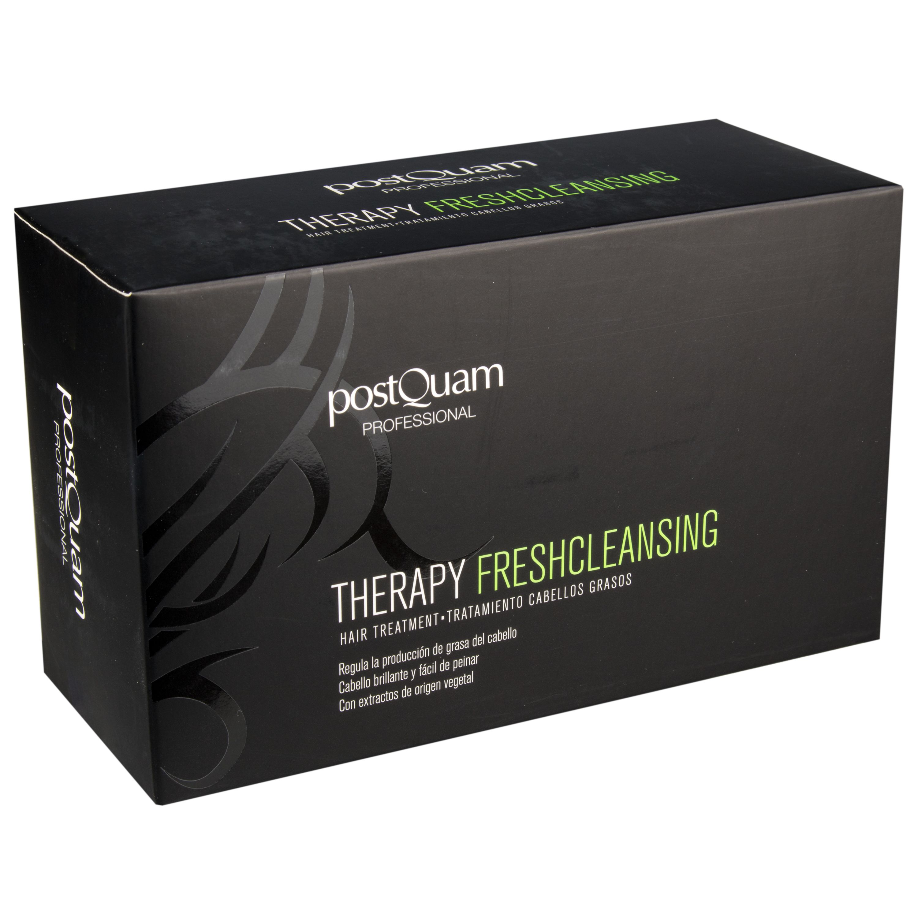 Confezione nera del prodotto con testo bianco. Scritta: Therapy Fresh Cleansing. Marchio: PostQuam Professional.